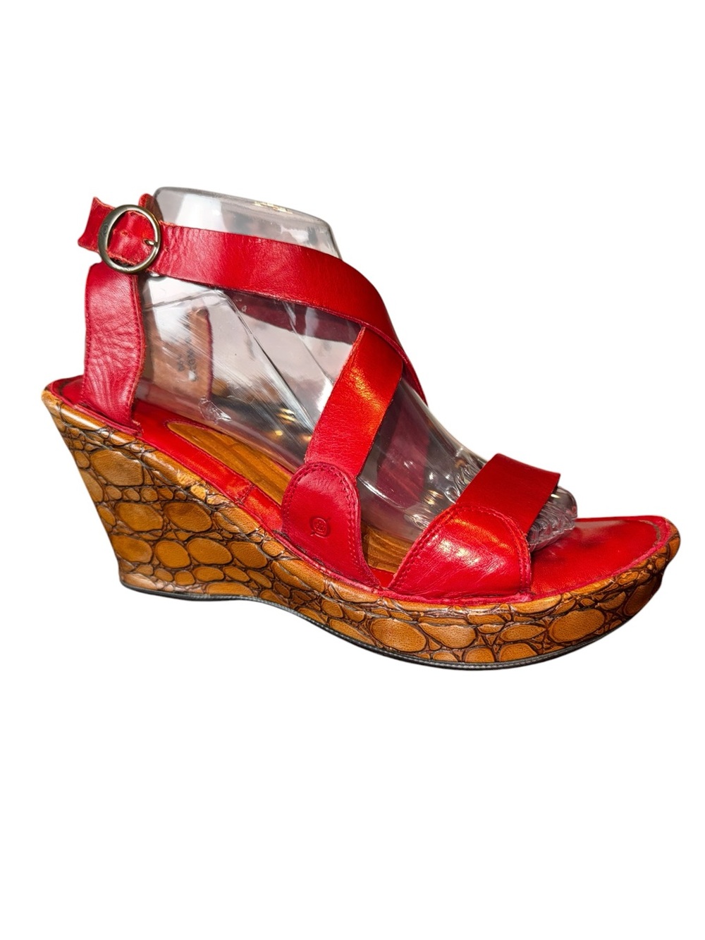 Born Savannah Red Leather Ankle Strap Wedge Sandals Boho Croc Embossed Sz 10